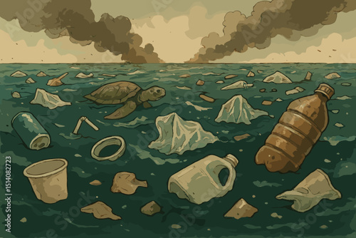 Devastating ocean plastic pollution with sea turtle surrounded by hazardous waste, bottles, and debris. Marine ecosystem crisis, environmental awareness, climate change impact. Art illustration.