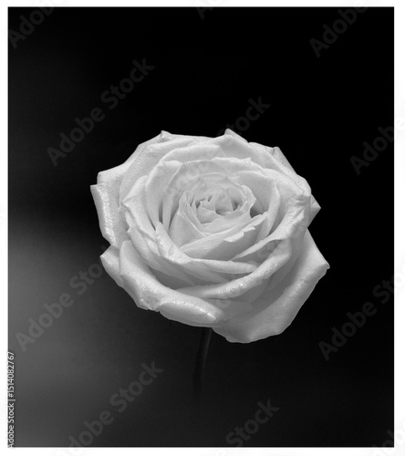 White rose bud with petals on a black background with light glare