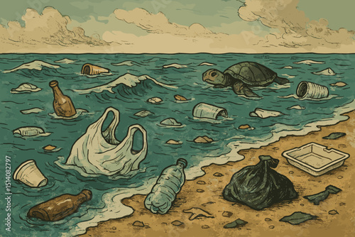 Ocean plastic pollution concept. Sea turtle swims amidst floating trash, bottles, bags. Contaminated beach. Environmental disaster, marine life danger, ecological crisis. Vintage illustration.