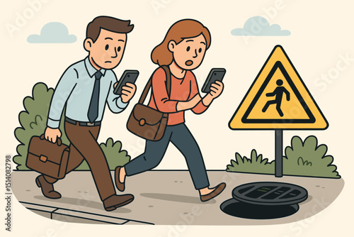 Texting and walking danger: Man and woman distracted by smartphones risk falling into open manhole. Pedestrian safety warning. Phone zombie concept. Inattention, accident hazard. Vector.