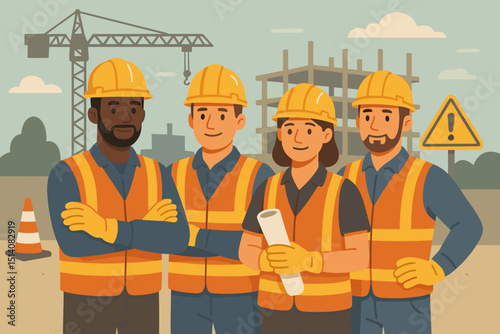 Safe construction workers team, diverse group of builders and engineers in safety helmets and vests at job site. Building industry, professional labor, teamwork, site safety, construction project.