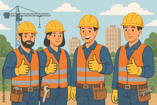 Diverse construction workers team ensuring safety with thumbs up. Builders in hard hats, safety vests, tool belts at building site. Industrial profession, construction industry vector art.