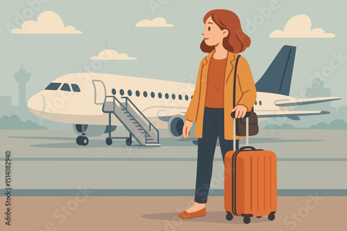 Young woman passenger with suitcase and bag at airport, airplane with boarding stairs. Flat vector design for travel, tourism, vacation, journey, flight, transportation, holiday, departure, lifestyle.