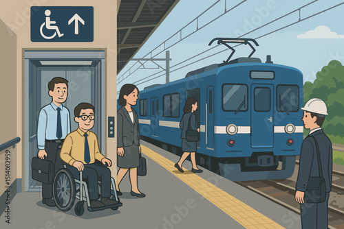 Accessible train station with wheelchair user and elevator, promoting inclusive public transportation. Commuters boarding train on platform, daily commute, urban mobility concept. Vector illustration.