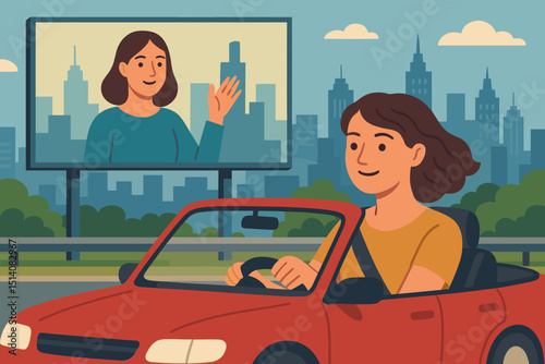 Happy woman driving stylish red convertible on city highway. Large billboard with waving female figure, urban skyline. Outdoor advertising, road trip, freedom concept vector illustration.