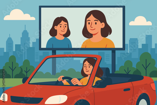 Woman driving red convertible car. Cityscape background with large billboard. Advertising. Outdoor media. Female portraits. Urban transport. Lifestyle journey. Aspiration. Self-image. Vector.