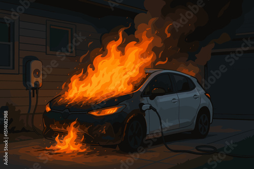 Electric car fire. EV burning. Charging station hazard. Home, night. Vehicle ablaze, flames, smoke. Battery danger, overheating risk. Safety issue, explosion, malfunction. Automotive illustration.
