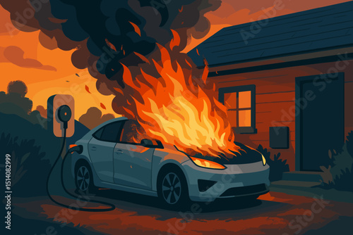 Electric car fire, EV burning while plugged into home charging station. Automotive battery explosion, vehicle engulfed in flames. Danger, safety risk, insurance hazard concept illustration.