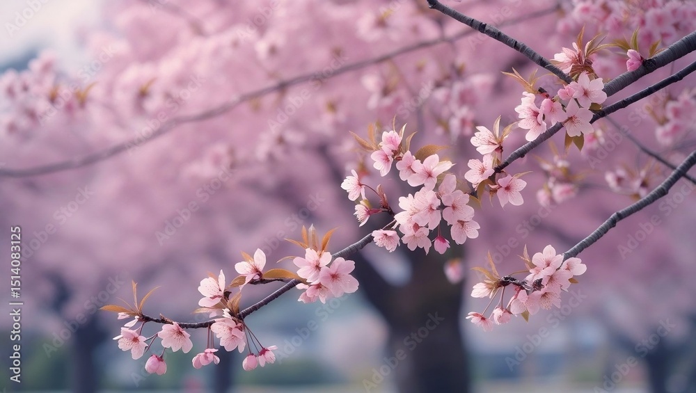 Obraz premium Romantic View of Blooming Cherry Blossoms on Branches with Blurred Sakura Canopy Peaceful and Elegant Spring Image