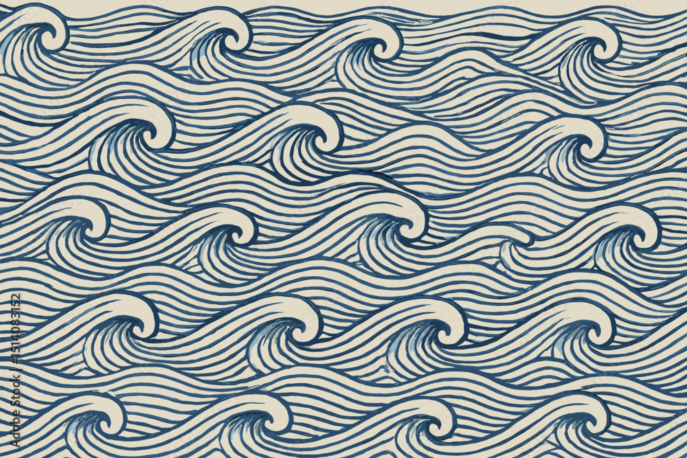 Seamless ocean waves vector pattern. Traditional Japanese hand-drawn style sea illustration with blue swirling lines. Nautical vintage Hokusai inspired art for background, textile, wallpaper. Seamless ocean waves vector pattern. Traditional Japanese hand-drawn style sea illustration with blue swirling lines. Nautical vintage Hokusai inspired art for background, textile, wallpaper.