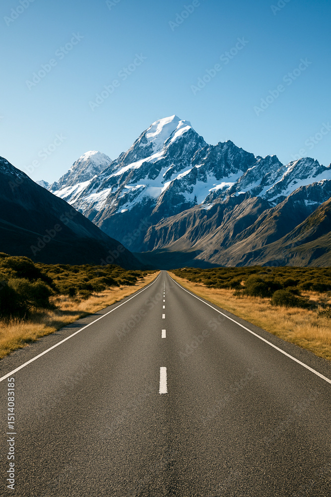 Fototapeta premium Scenic road leading to snow-capped mountains under clear sky
