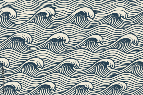 Seamless ocean waves pattern, Japanese style vintage hand-drawn sea background. Stylized marine vector art, nautical repeating texture. Abstract water swirl illustration for wallpaper, fabric print.