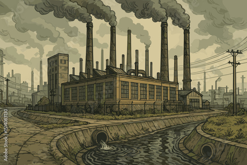 Vintage industrial factory illustration. Retro drawing of manufacturing plant with smoking chimneys, air pollution, wastewater discharge. Energy production, environmental impact concept.