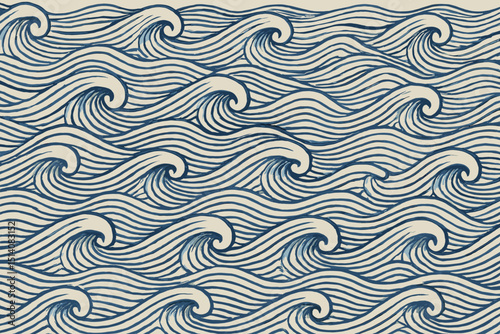 Seamless ocean waves vector pattern. Traditional Japanese hand-drawn style sea illustration with blue swirling lines. Nautical vintage Hokusai inspired art for background, textile, wallpaper.