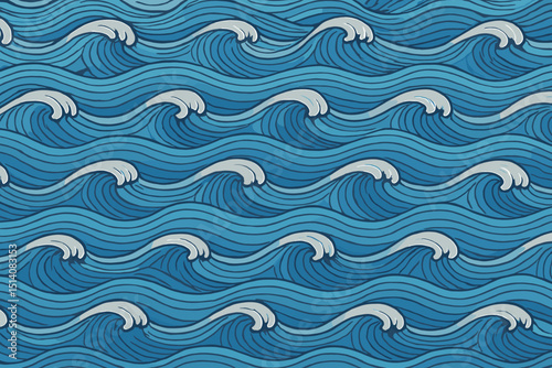 Stylized ocean waves seamless pattern, vector illustration of blue water currents. Japanese inspired sea wave background, perfect for nautical, marine, surfing, summer, and nature design projects.