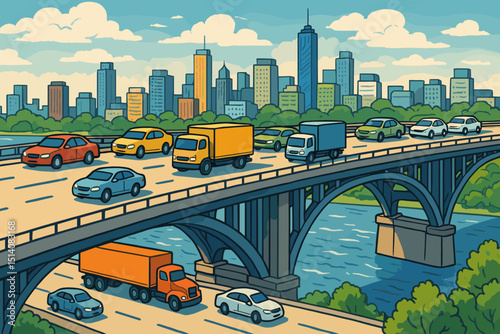 City traffic illustration. Highway bridge, cars, trucks. Urban transport system. Metropolis skyline, cityscape, river view. Commuting, rush hour concept. Road infrastructure, logistics. Vector art.