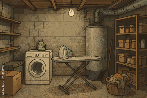 Vintage laundry room vector illustration. Retro basement utility area with washing machine, iron, ironing board, clothes basket, water heater, storage. Hand-drawn domestic chores concept.