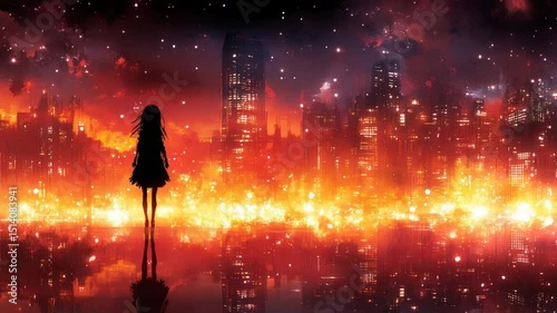 A solitary figure stands before a fiery, illuminated cityscape at night.  A reflection of the vibrant city glows on the water