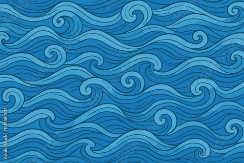 Stylized ocean waves seamless pattern with flowing blue water swirls. Abstract nautical marine texture background, decorative repeat design ideal for wallpaper, fabric, and serene illustrations.