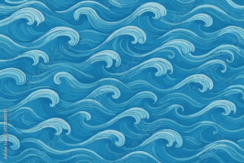Seamless ocean wave pattern, traditional Japanese art style. Blue water marine background vector. Stylized aquatic surf, sea swirls illustration for wallpaper, textile print, abstract texture.