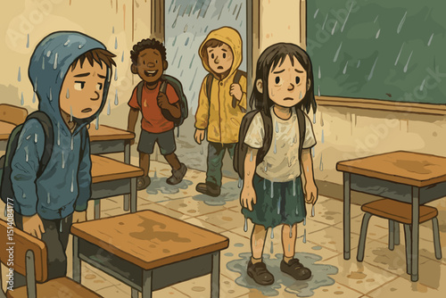 Classroom chaos, indoor rain, leaking roof, school disaster. Wet students, children, diverse, unhappy, navigating puddles. Education disruption, building maintenance, weather problem. Illustration.