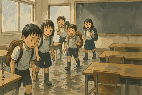 Rainy day classroom chaos illustration. Surprised students drenched by rain, school flooded with water. Children in wet uniforms, education disruption concept. Watercolor art style.