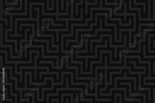 Black maze pattern seamless 3D embossed abstract geometric labyrinth background. Dark intricate puzzle texture design for mystery, challenge, and problem-solving concepts. Modern monochrome wallpaper.