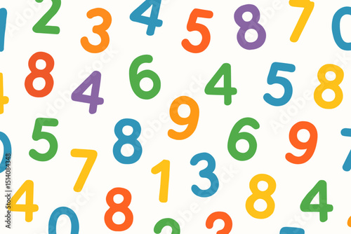 Colorful random numbers pattern. Bright vibrant digits scattered on white background. Seamless numeric texture for education, kids learning, mathematics, arithmetic, counting, school projects.