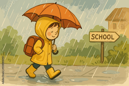 Cute child in yellow raincoat with umbrella walking to school in the rain. Watercolor illustration of student with backpack on rainy day. Happy kid, childhood journey, autumn weather.