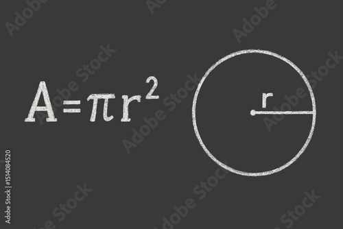 Circle area formula A=πr² mathematics equation handwritten on chalkboard. Geometry education concept with radius diagram. Educational vector illustration for learning, school, science, pi symbol.