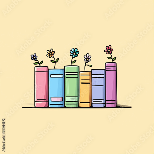 colorful books and flowers 