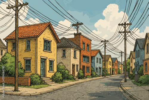 Urban street scene illustration. Hand-drawn neighborhood with colorful houses, power lines, telephone poles. Retro, vintage style art. Suburban residential area concept. Quiet, nostalgic cityscape.