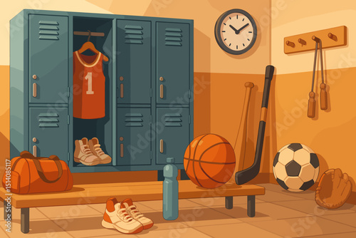 Sports locker room interior with athletic equipment. Basketball, soccer, baseball, hockey gear. Changing room with lockers, bench, jersey, sneakers. Fitness, team, training concept illustration.