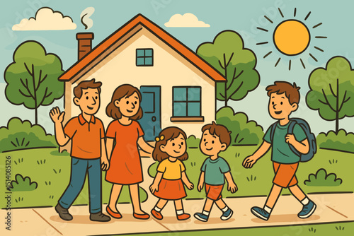 Cartoon family illustration: happy parents with son and daughter walking past suburban house on sunny day. Kids enjoying outdoor activity. Vector graphic for childhood, parenthood, home life.