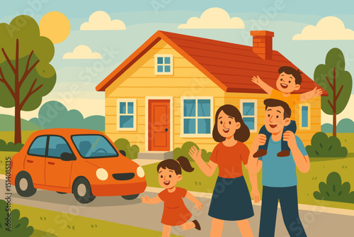 Joyful family vector illustration: parents, son, daughter at their suburban house with car. Happy childhood, outdoor fun, togetherness, love, and dream home concept on a sunny day.
