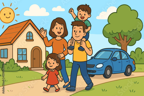 Family life cartoon illustration. Happy parents, children walking. Father carrying son. Mother, daughter. Suburban home, car. Sunny day. Outdoor activity. Togetherness, bonding, parenthood. Vector.