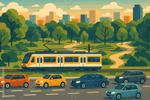 Modern electric tram traversing a city park alongside a busy street with cars. Urban landscape illustration depicting sustainable public transport, city skyline, and green spaces. Flat vector design.