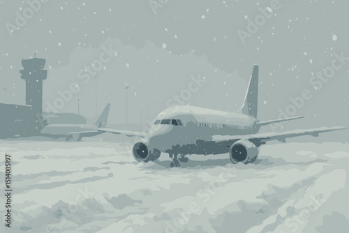 Airport paralyzed by winter's fury: heavy blizzard blankets runways, grounding airplanes. Aviation chaos as passenger jets face delays, snow engulfs air traffic control tower.