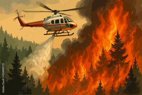 Firefighting helicopter battling raging forest fire, dropping water to extinguish destructive blaze. Emergency rescue operation amidst thick smoke and burning trees. Wildfire disaster concept.