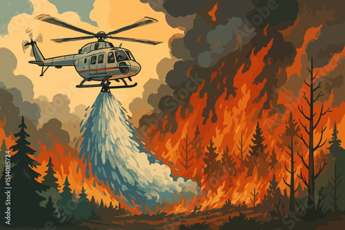 Firefighting helicopter battling raging forest fire, water drop mission to combat inferno. Aerial emergency response illustration, wildfire disaster relief operation. Heroic rescue vector art.