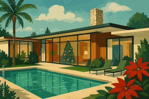 Retro Christmas oasis. Mid-century modern house with pool, palm tree. Festive holiday illustration. Warm climate Xmas celebration, poinsettias. Vintage architecture home exterior.