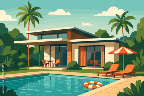 Luxury modern home with swimming pool, palm trees, and sun loungers. Tropical vacation villa, summer holiday oasis. Retro flat vector illustration, architectural design for idyllic getaway.