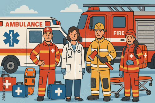 Emergency response team: Paramedics, doctor, firefighter. Ambulance, fire truck. Medical rescue, first aid, healthcare. Public safety, essential workers, heroic professions. Vector art.