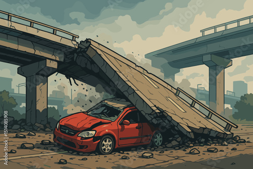 Dramatic bridge collapse disaster scene. Red car crushed beneath fallen highway overpass. Urban catastrophe, earthquake aftermath, infrastructure failure, road destruction, emergency. Vector.