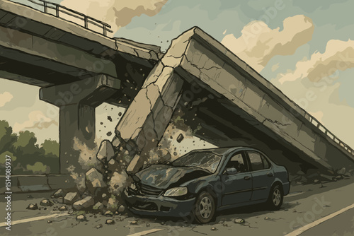 Bridge collapse disaster illustration. Car crushed under falling highway. Infrastructure failure, road accident scene. Catastrophe, destruction, danger, emergency, wreckage. Concrete rubble.