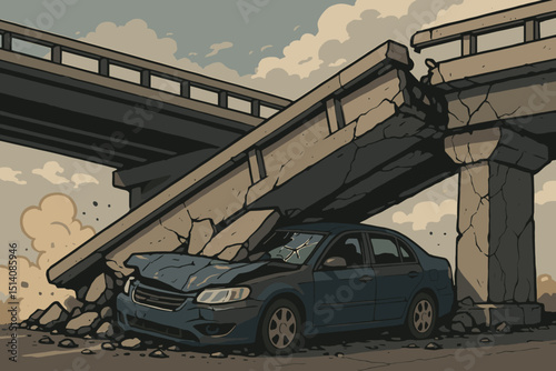 Vector illustration of bridge collapse disaster with car trapped under rubble. Highway infrastructure failure, accident scene, emergency concept, destruction, wreckage, broken concrete.