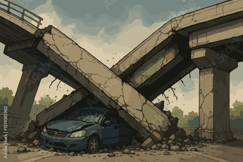 Bridge collapse disaster. Car crushed by fallen concrete. Highway overpass destruction. Infrastructure failure. Accident scene. Emergency wreckage. Structural damage. Rubble debris. Vector art.