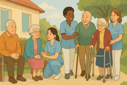 Nursing Home Serenity: Diverse elderly residents and compassionate caregivers enjoying outdoor activities in a peaceful garden. Senior care, assisted living, support, and community concept.