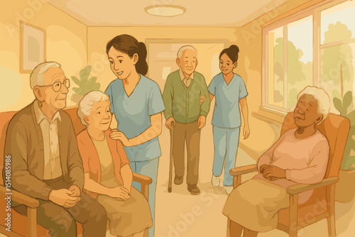 Diverse seniors in a serene nursing home receiving compassionate care from multicultural staff. Elderly residents supported in an assisted living facility. Peaceful retirement, promoting well-being.