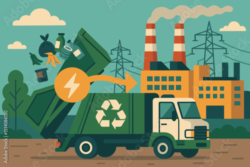 Waste-to-energy concept illustration. Recycling truck collecting garbage for power generation at industrial plant. Sustainable resource management, circular economy, environmental solution. Vector.